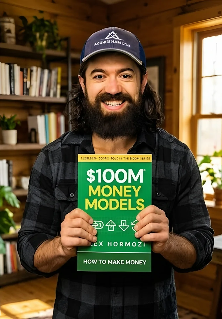 Alex Hormozi in a library holding a copy of $100M Money Models